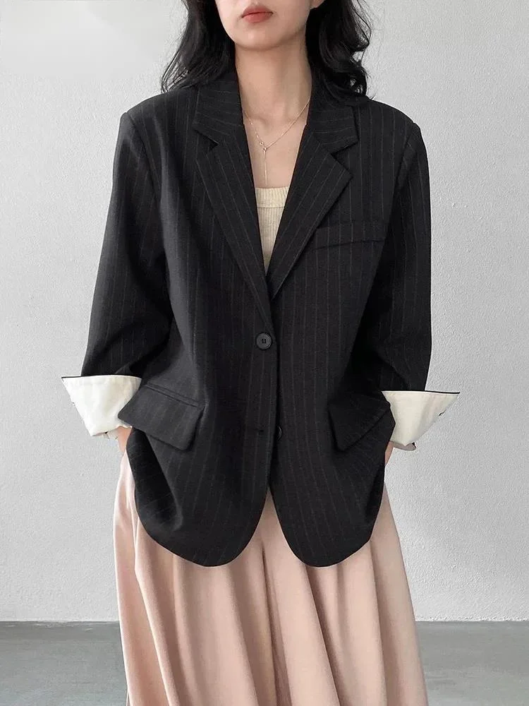 

Fashion Dark Gray Striped Blazer Women's Lapel Loose Single Breasted Suit Jacket Spring Autumn New 73IR8