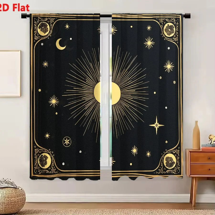 2Pcs Curtains 2D Flat Celestial Gold Sun Moon Starburst Ornate Border Square Illustration Window Drapes for Bedroom Room Decor D