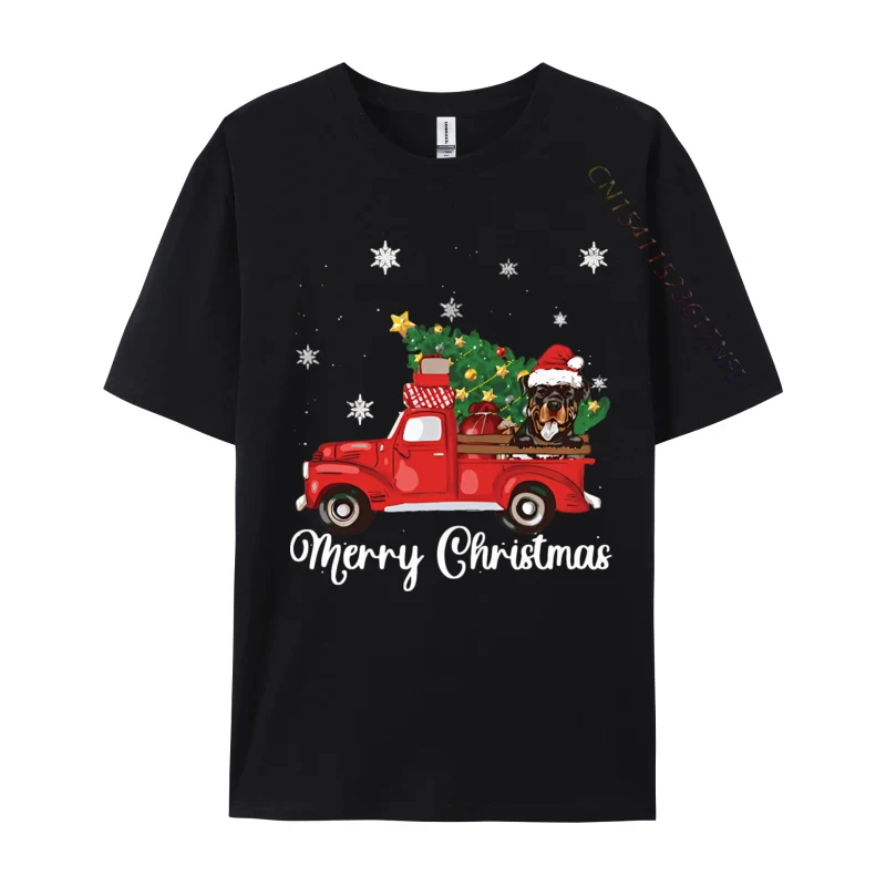 Rottweiler Dog Riding Red Truck Christmas T-shirt Novelty Tee Shirts Vintage Cotton Tops Tee Graphic T Shirts Men Cotton