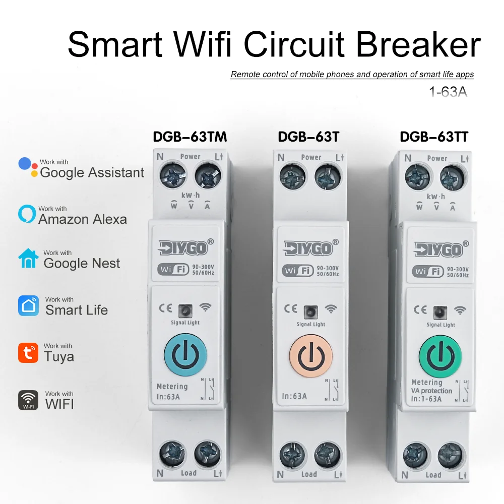 

DGB-63T/TM/TT Din Rail Tuya WiFi Smart Circuit Breaker 1P+N Remote Control Timing Voice Control Metering Protection Alexa Google