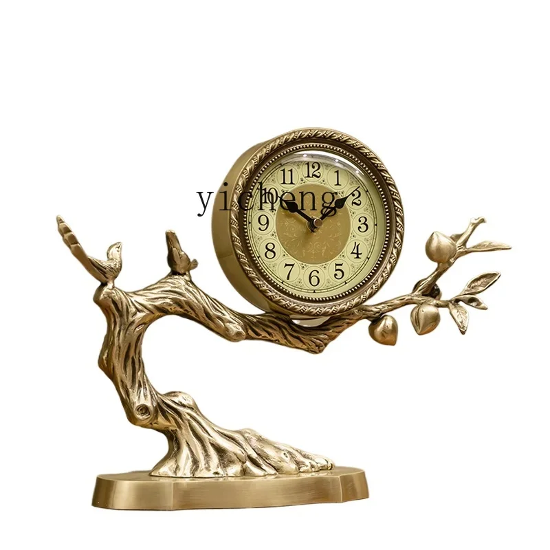 

TQH New Chinese Brass Decorative Desk Clock Creative Living Room Clock Ornament Table Pendulum Desktop Clock