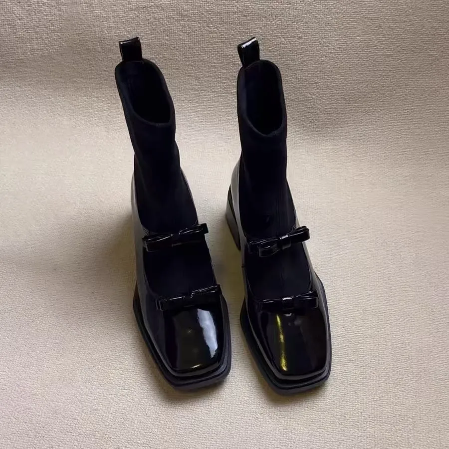 

Fashion Square Toe Spliced Suede Bow Soft Sole Non-Slip Block Heel Shoes for Women Sleeve Booties