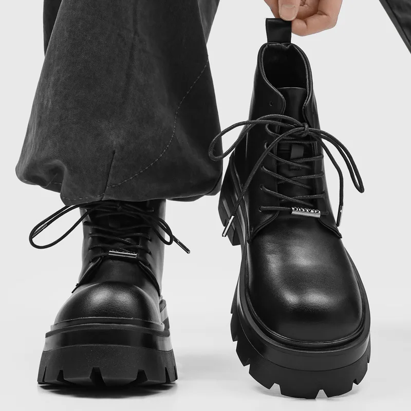British style mens fashion stage nightclub platform boots lace-up natural leather shoes cowboy spring autumn boot ankle botas