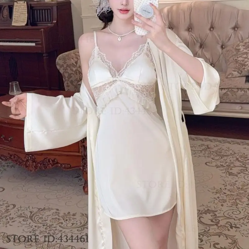 

Spring Summer Female Sleepwear 2PCS Robe Nightgown Set Sexy Patchwork Lace Nightdress Lingerie Silky Satin Homewear Bathrobe
