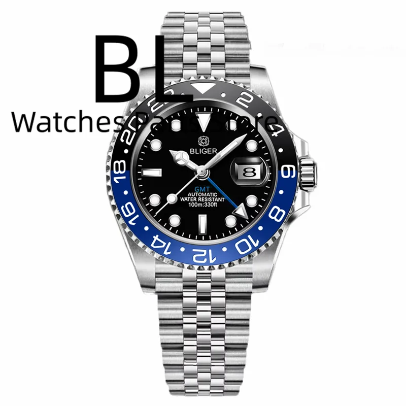 BLIGER Logotipo personalizado 40MM zafiro GMT Reloj mecánico para hombre bisel de cerámica 10Bar luminoso nuevo extremo enlace Glide Lock pulsera Reloj