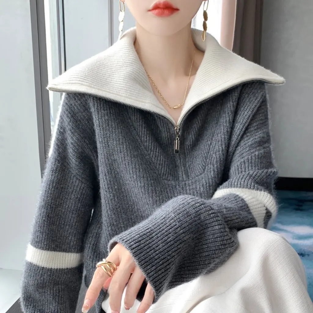 

Women's Thickened Autumn Winter Half Zipper Knitted Sweater 100 Wool Colorblock Large Lapel Loose All-match Casual Style