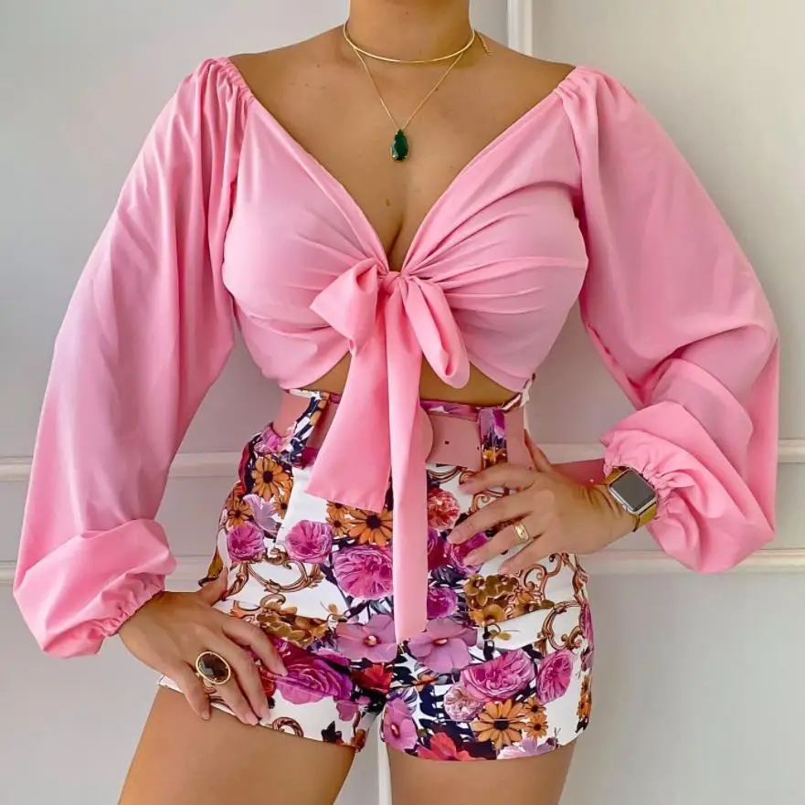 Women Two Piece Short Sets V Neck Lace Up Tops High Waist Print Shorts Suits Sexy Beach Slim Fit Full Sleeve Tops Summer 2024