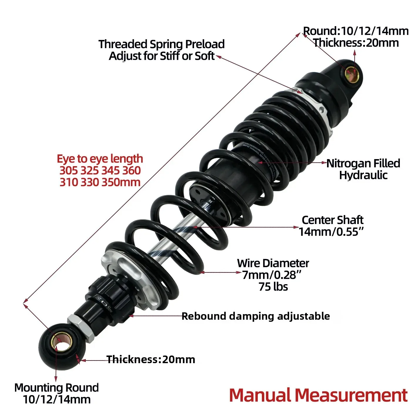 

Variety Size Black rear shocks for Yamaha GT150 / Longjia XDV 250/300 /Honda NS150LA / CGX150 / CG125 /CM125/GN125/ AE4/AE5i/AE8