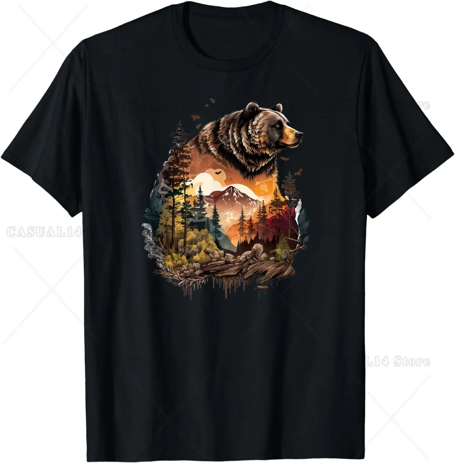 

Wild Retro Mountain Nature Animal Wildlife Forest Outdoors Bear T-Shirt for Hiking Adventure Cotton Short Sleeve US EU Size