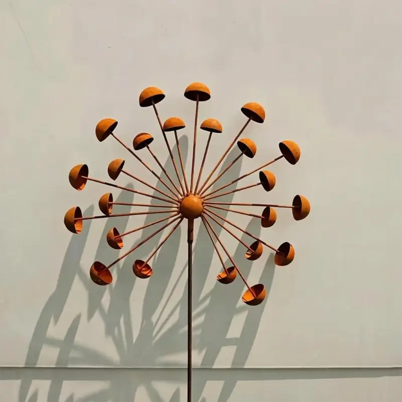 Button Flower Metal Garden Stake, Aged Brown Outdoor Waterproof Spinner 27.5 x 77.5cm for Lawn Soil Insert, Open Ground, Garden