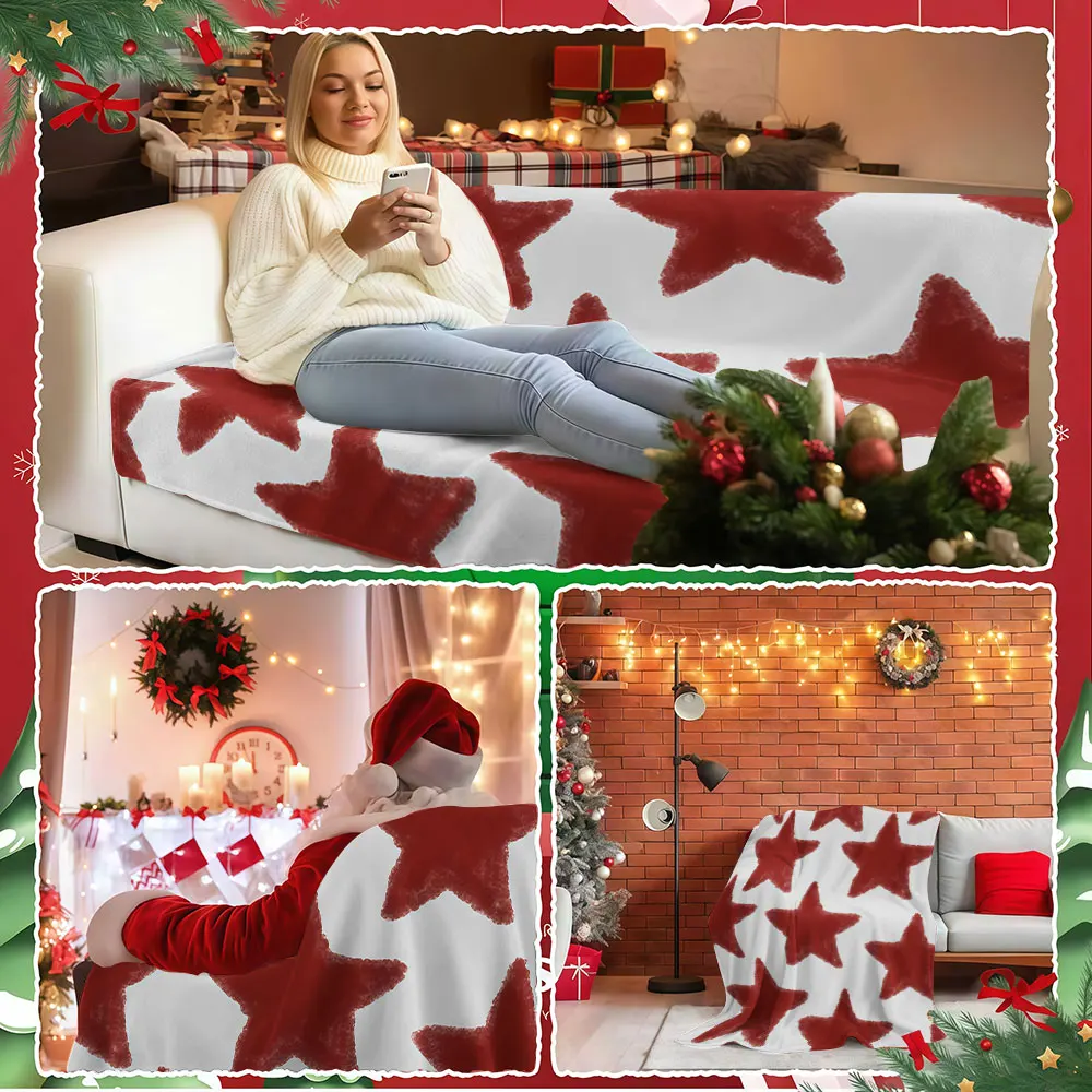 Warm Red Star Pattern Winter Summer Flannel Blanket Throw Fleece Soft Fuzzy Plush Cozy Fleece Blankets for Sofa Ideal Gifts