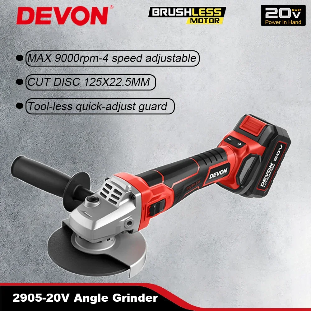 Devon 2905-li Wireless Angle Grinder Brushless Motor Rechargeable 20v 125mm 9000rpm 4 Speed Adjustable Universal Flex Battery