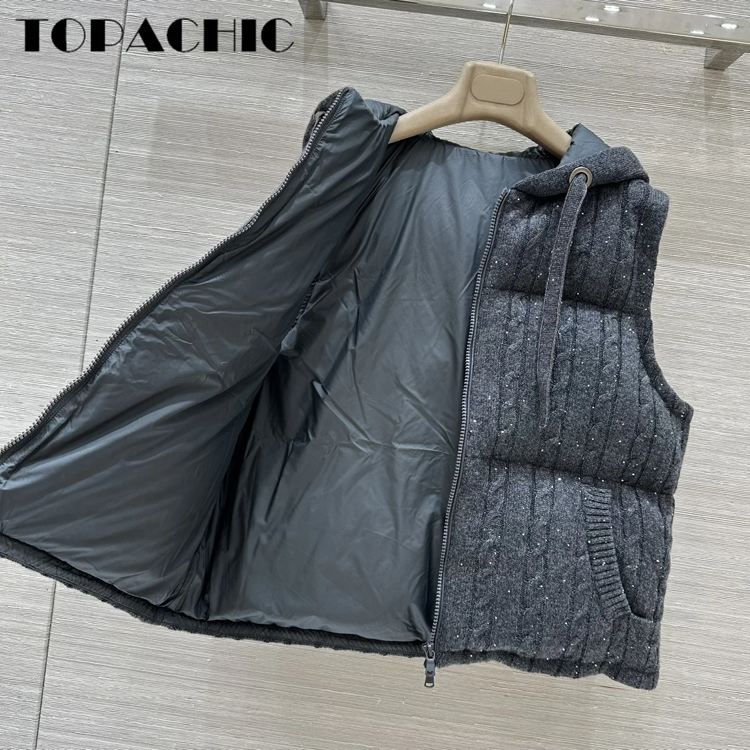 8.23 TOPACHIC-Women\'s 100% Cashmere Knit Twist Hooded Goose Down Keep-warm Vest Beading Chain Lace-up Bling Sequins Vest Coat