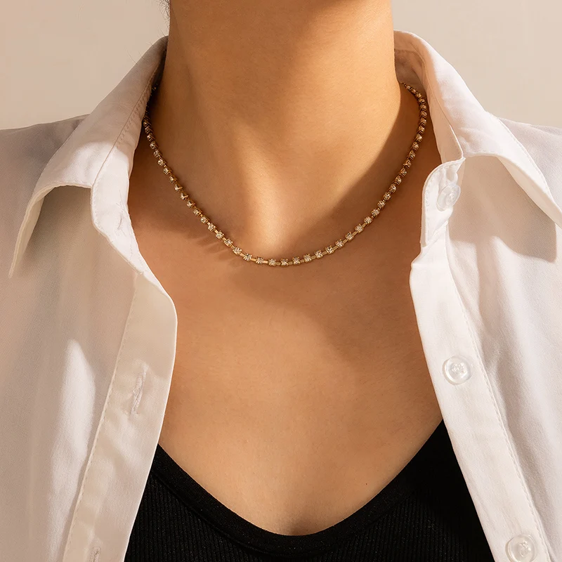 Tocona Light Luxury Geometric Brick Inlaid Single Layer Choker Necklace Minimalist Alloy Women's Clavicle Chain цепочка 20023