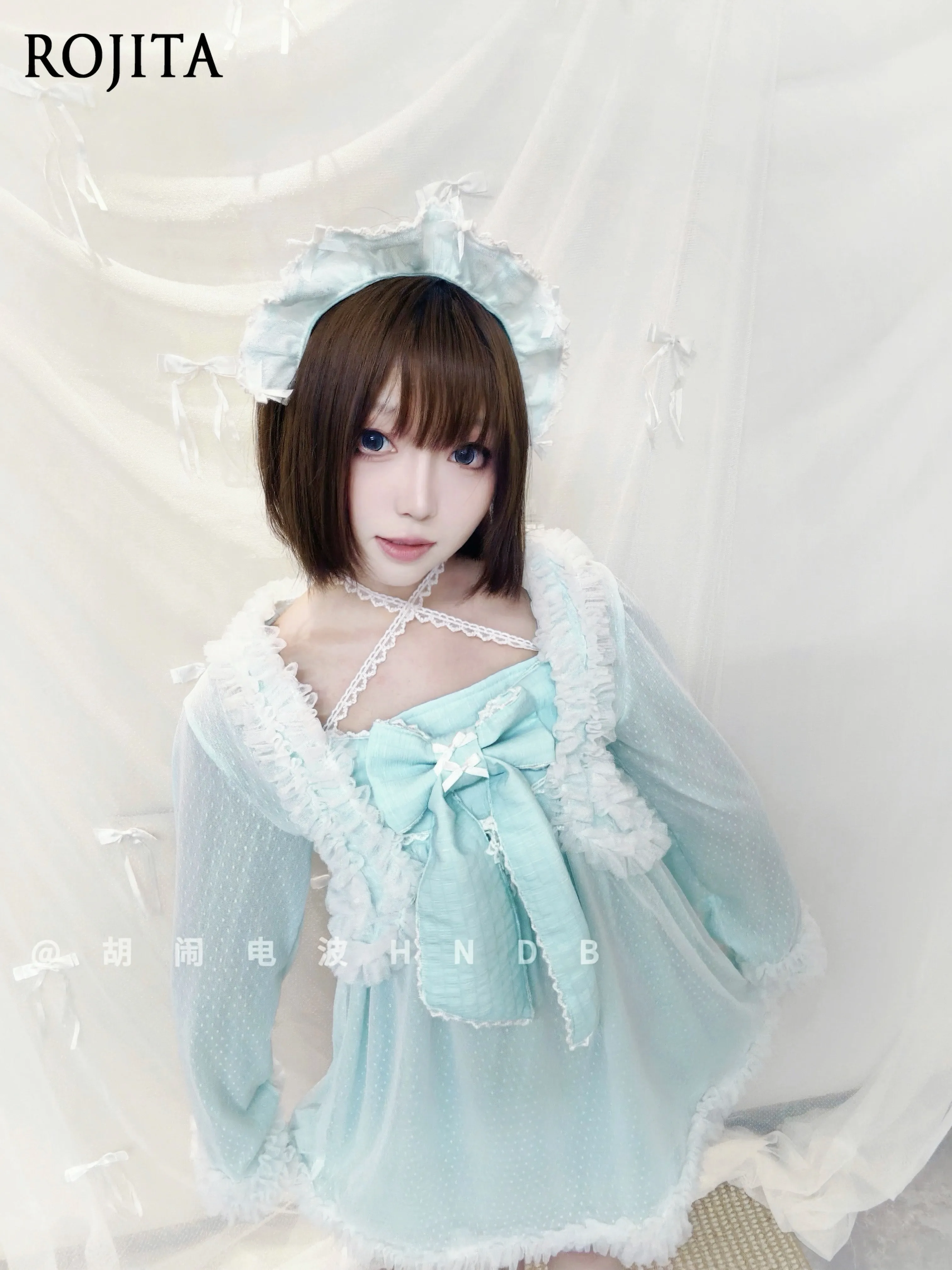 Light Blue Polka Dot Two Piece Lolita Outfit Ruffle Frill Cardigan Big Bow Slip Mini Dress Sweet Kawaii JSK Dress Set