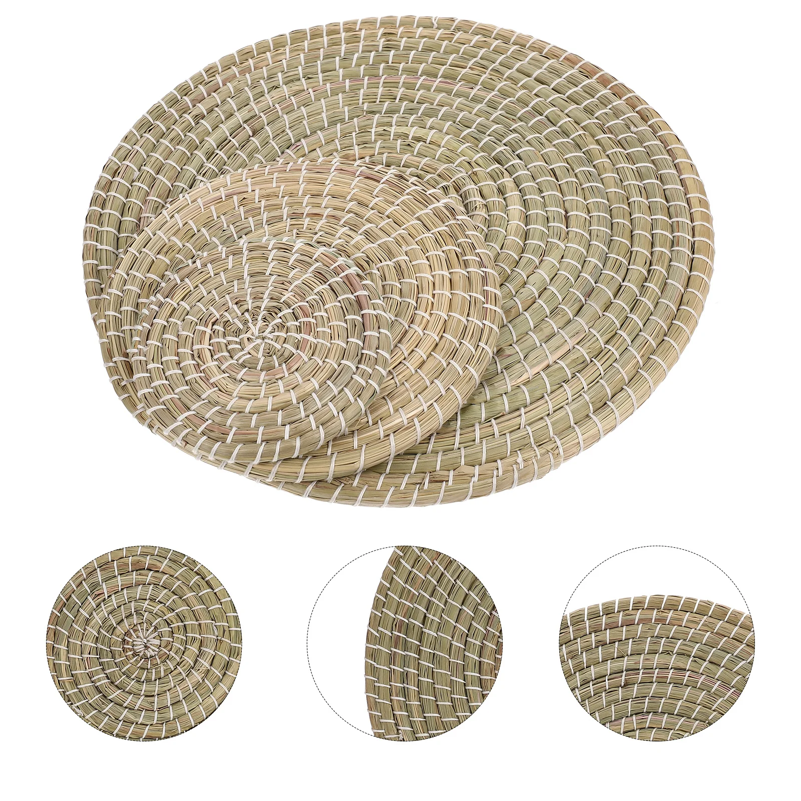 

3Pcs Woven Placemat Set Handmade Natural Bulrush Round Coaster for Table Protection Decorative Dinner Table Ornament Heat