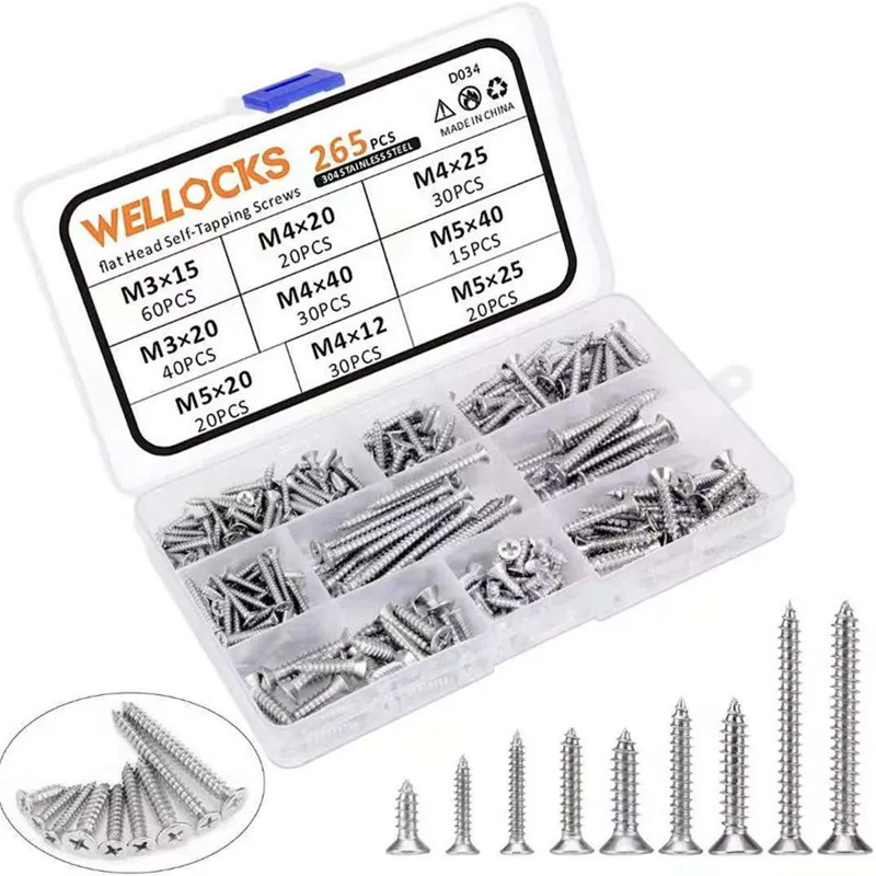 

265Pcs/Set 304 Stainless Steel Flat Head Self Tapping Screw M3M4M5 Assortment Kit Phillips Countersunk Head Wooden Screw Set