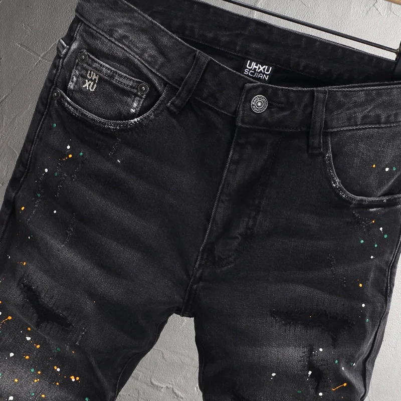 Street Fashion Men Jeans Retro Black Gray Stretch Slim Fit Patched Ripped Jeans Men Painted Designer Vintage Denim Pants Hombre