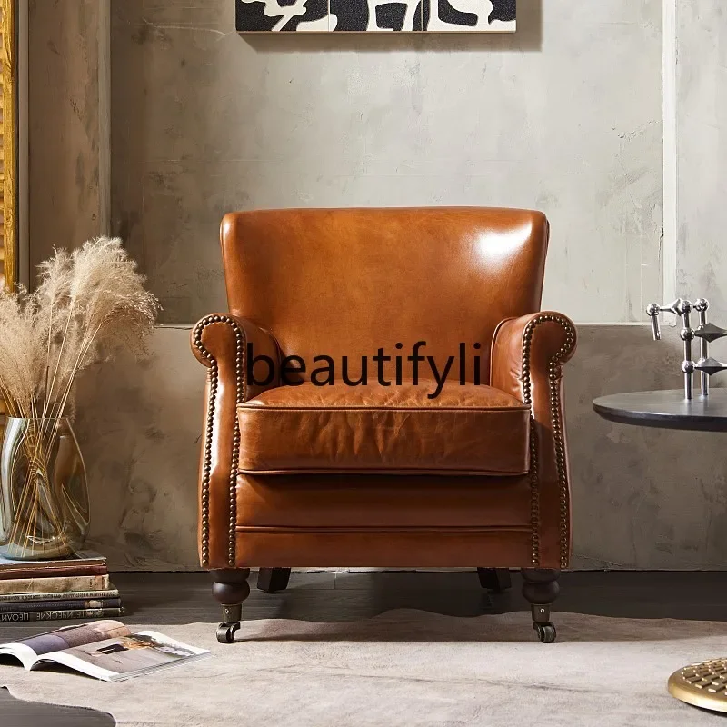 

Nordic American retro leather tiger bedroom study single sofa cowhide high back recliner0420