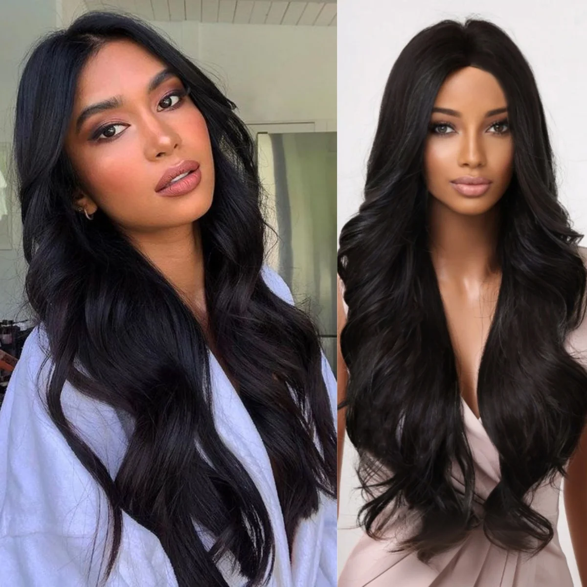 Cheap Long Body Wavy Black Synthetic Wig For Black Women Daily Party Black Curly Wig with Middle Part Wig Heat Resistant Fiber