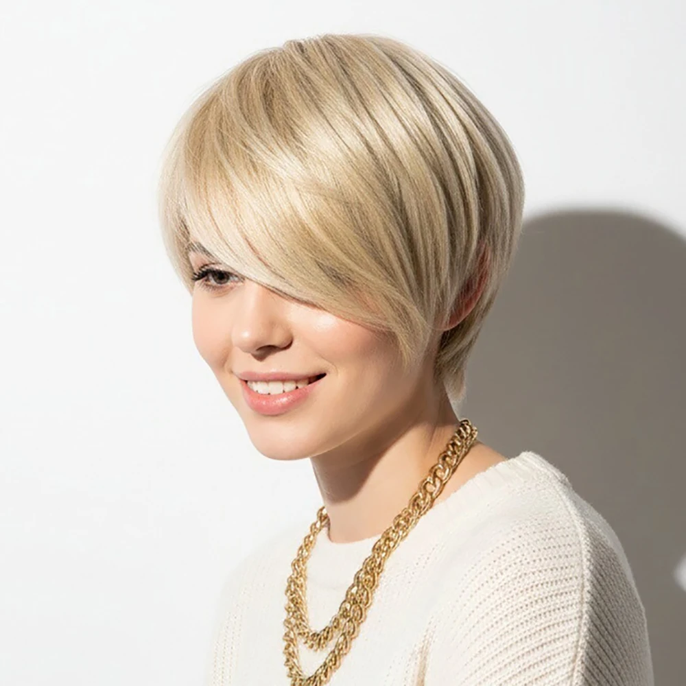 Wig Bob Pendek Rambut Asli 613 Pirang Lurus dengan Poni Pre Plucked Wig Pixie Cut Berlayer Topi Buatan Mesin Penuh untuk Wanita