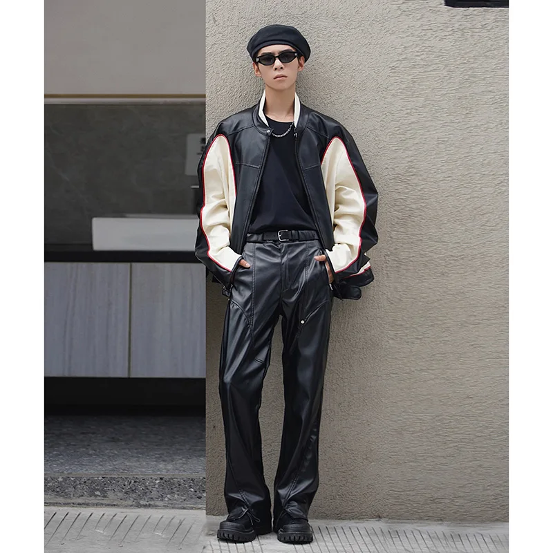 Autumn Winter Men's Leather Motorcycle Pants Black Punk PU Pants Men Women Straight Mopping Trousers Streetwear Waterproof