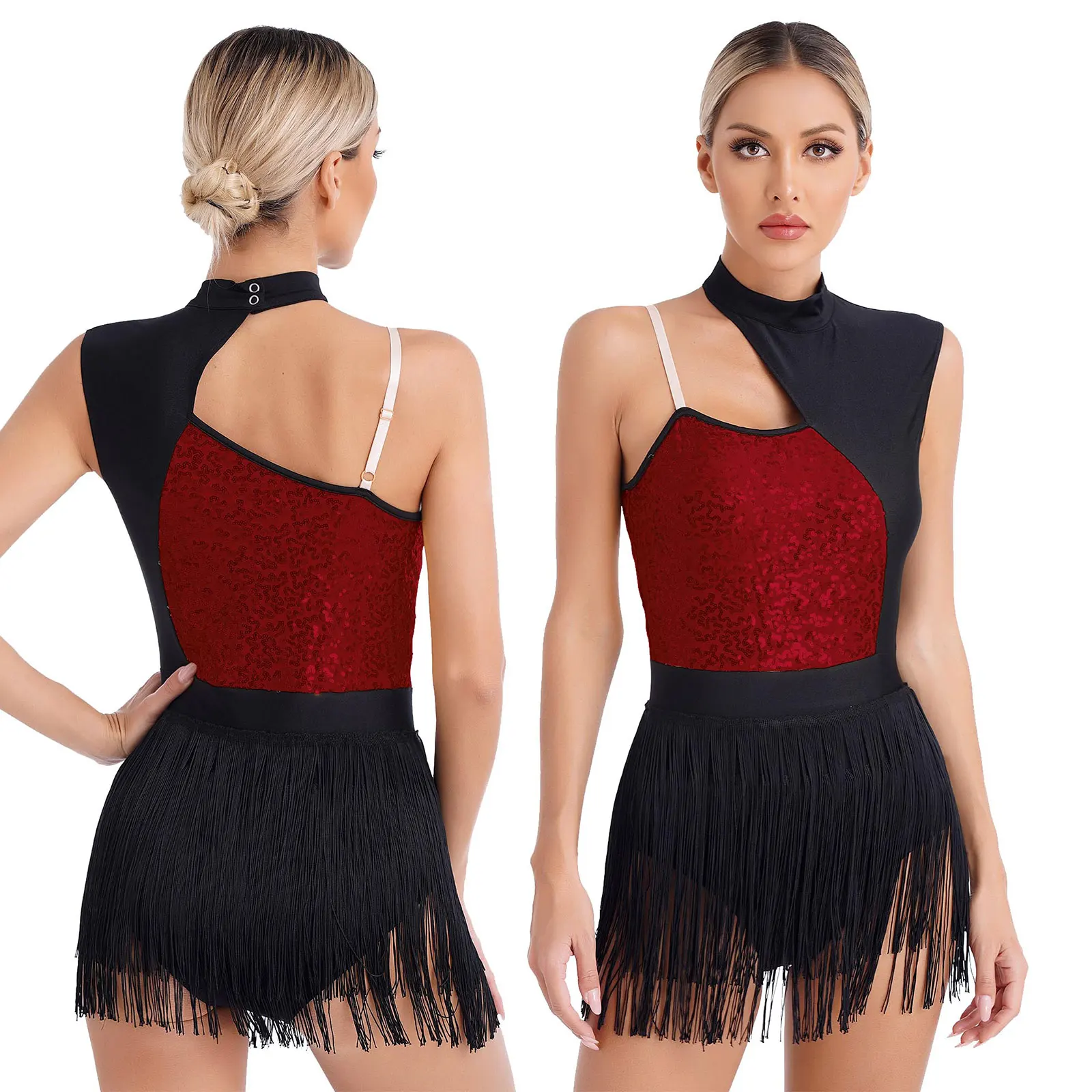 

Latin Dance Leotard for Womens Sleeveless Shiny Sequin Contrast Color Patchwork Fringed Bodysuit for Tango Rumba Samba Cha-Cha