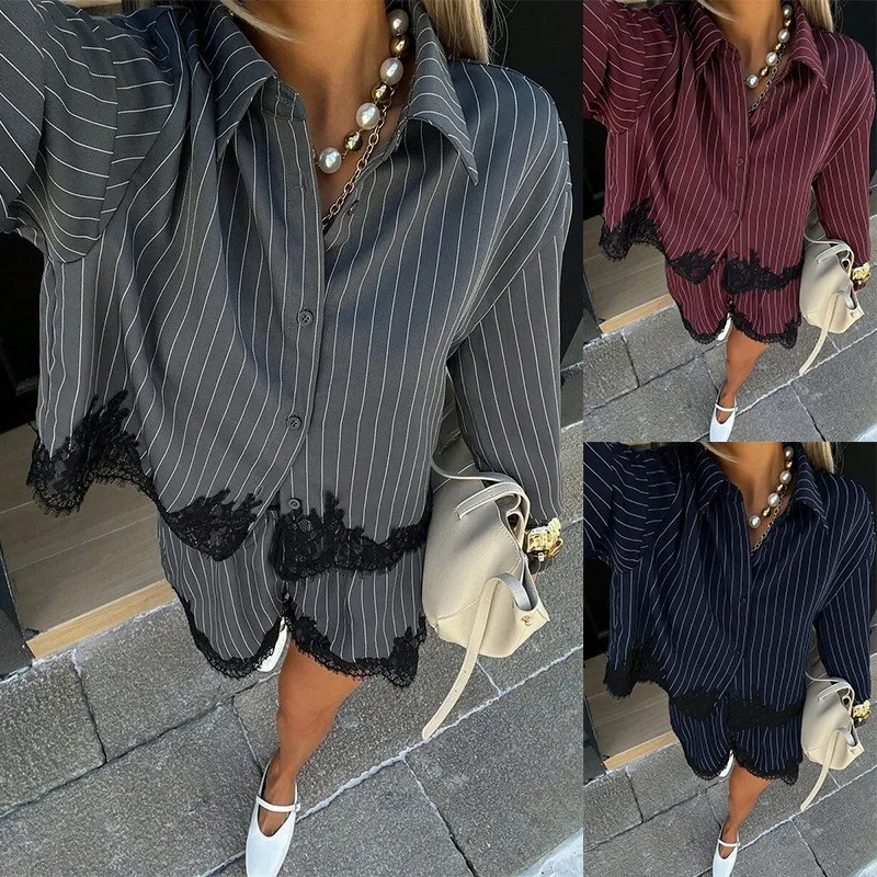 Splice Patchwork Set Casual with Stripe Pattern Streetwear Blouse Long Sleeve Shirt Striped Autumn Drop Shoulder Women Shorts