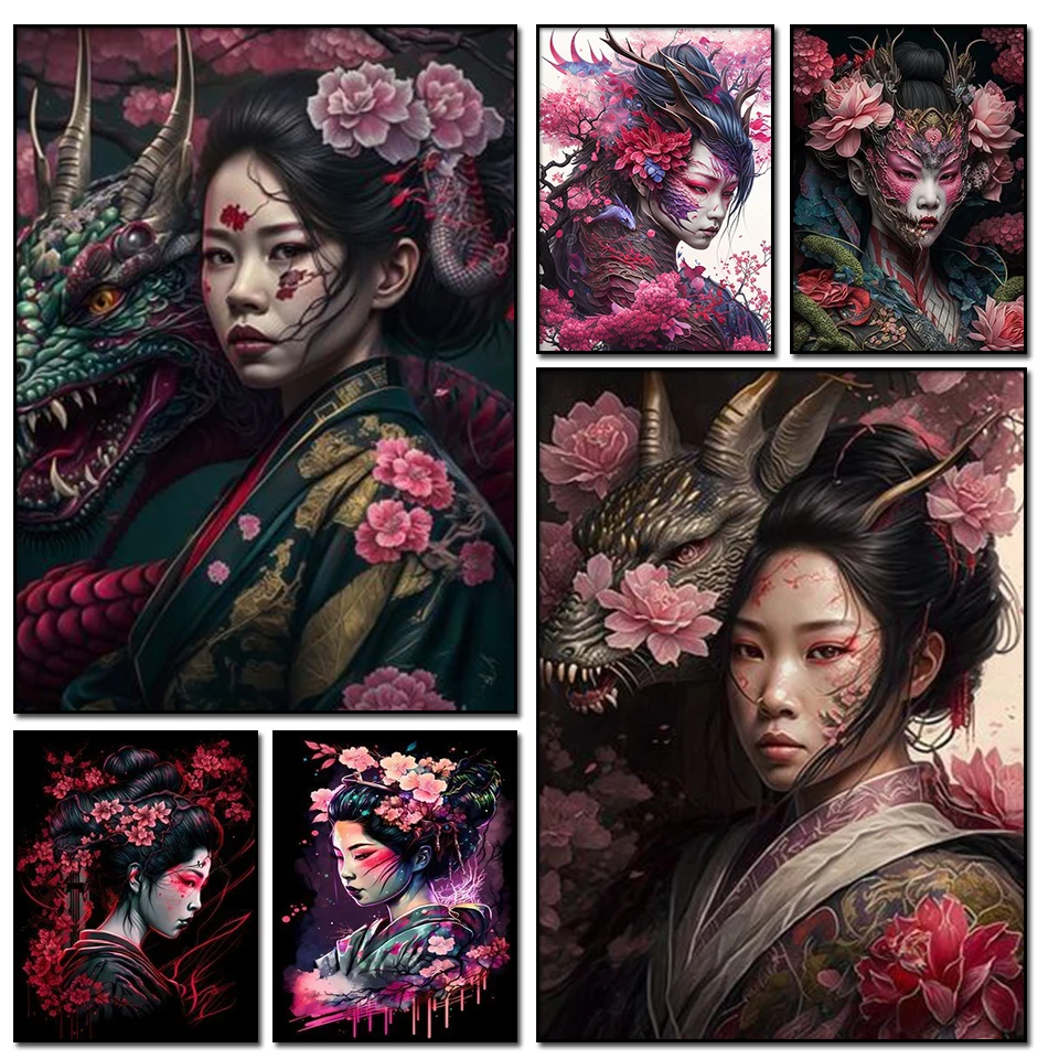 Geisha Samurai 5d Diy Diamond Painting Sale Geisha woman with Sakura Picture Of Rhinestones Full Square Round Mosaic Home Decor