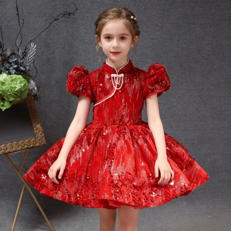 

Red Chinese Style Sequin Bubble Sleeve Dress Stand Collar Princess Party Gown Flower Girl Performance Birthday Evening Banquet