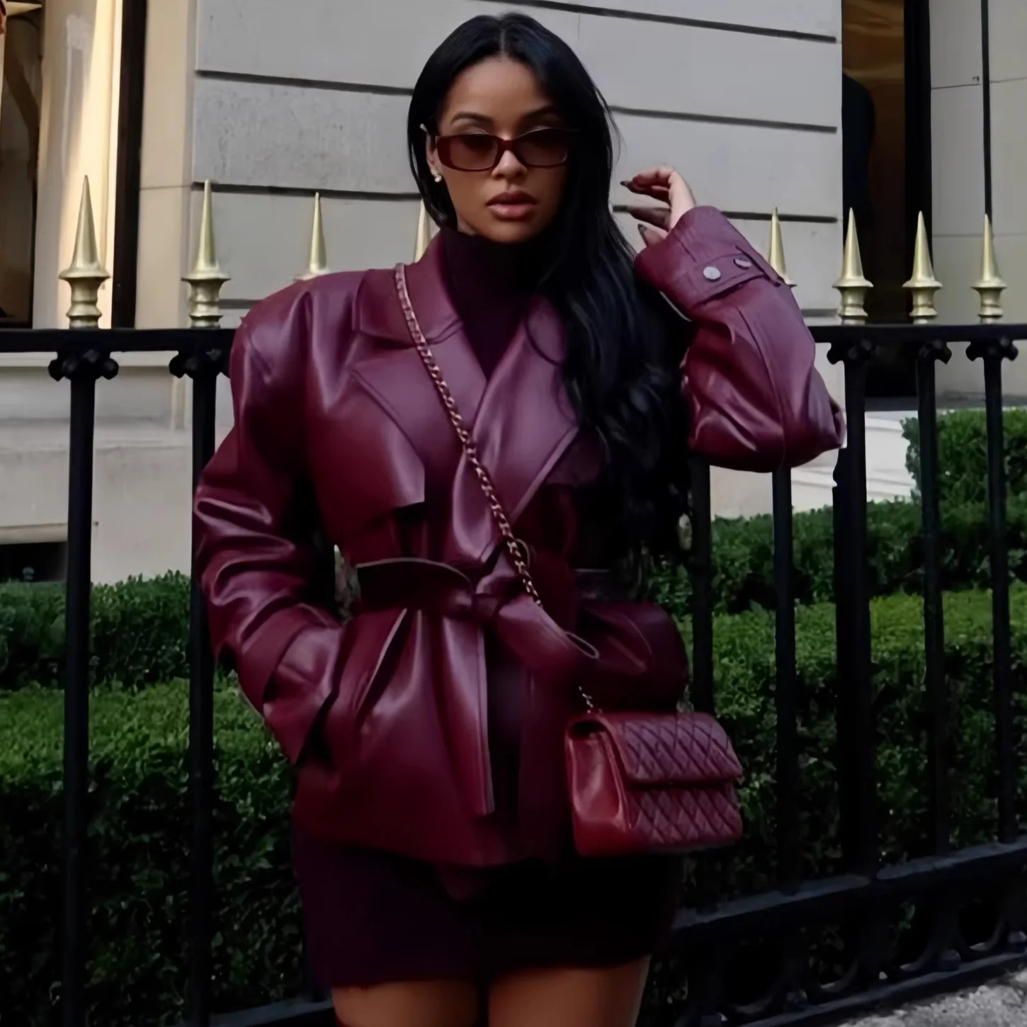 Women's Autumn Winter Leather Jacket With Turn-down Collar Patchwork Design Slim Fit Elegant Long Sleeve Cardigan Jacket F4HA