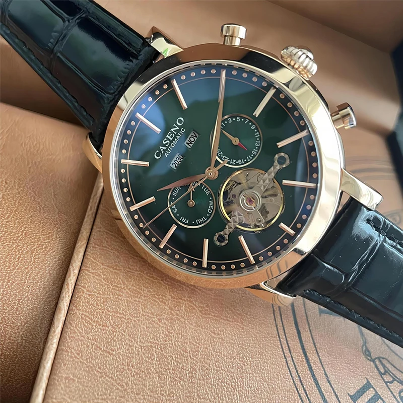 Men's Automatic Mechanical Watch Tourbillon Moon Phase 24 Hour Indicator See-Through Case Back 30M Water Resistance 42MM Large D