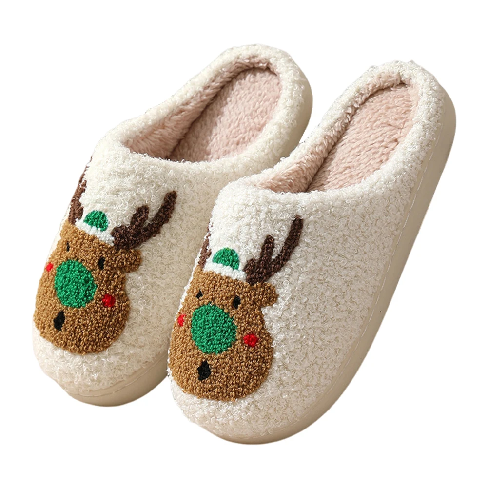 Christmas Elk Plush Slippers Fluffy Home Slippers Anti Slip Cute Animal Slippers Cartoon Elk Slides for Indoor Bedroom