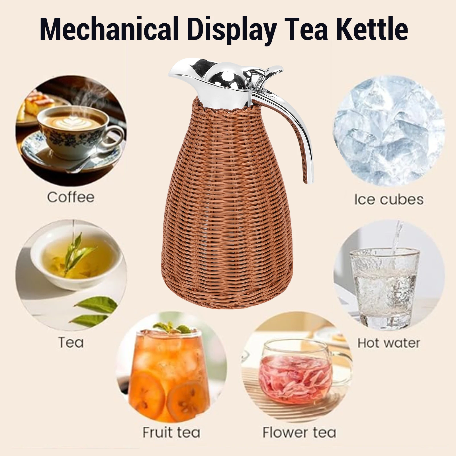 

Stainless Steel Thermal Coffee Carafe Woven Rattan Body 1.5L 3 Walled Insulated Jug Pitcher 12 Hour Heat 24 Hour Cold Retention