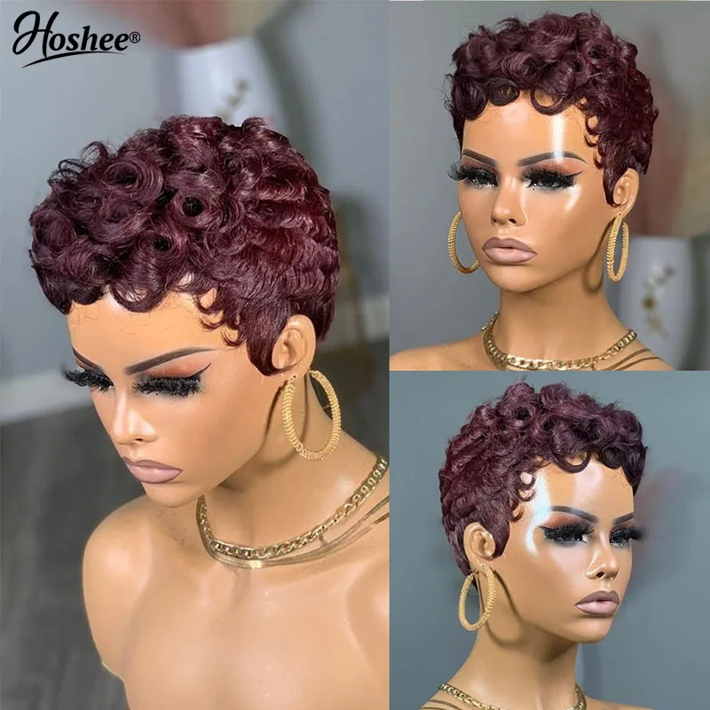 Pelucas de cabello humano sin pegamento para mujer negra, pelo ondulado al agua, Borgoña oscuro, hecho a máquina, corte Bob Pixie, liquidación, a la venta
