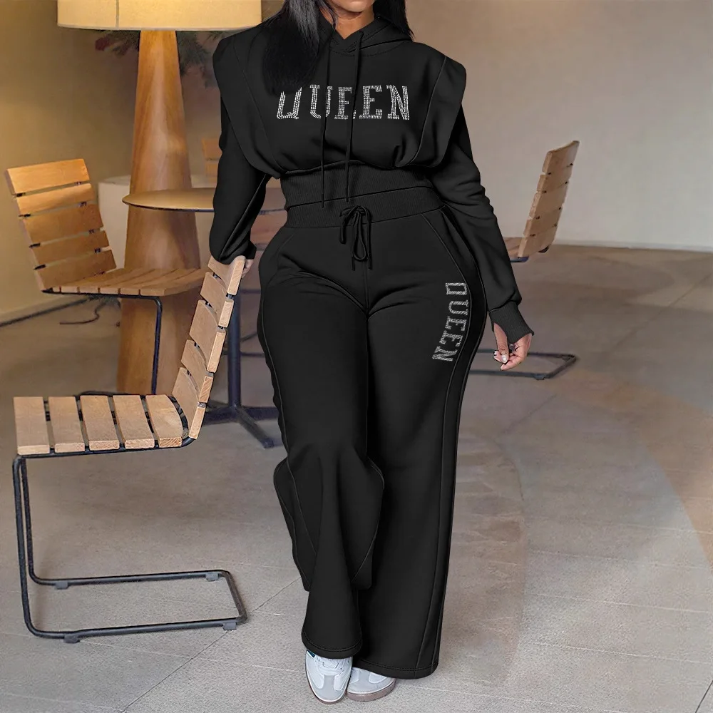 2 Pieces Outfit 3D Design Crop Drawstring Hoodie Top Drawstring Elastic Waist Wide Leg Sweatpants Set Rhinestone Letter Pattern