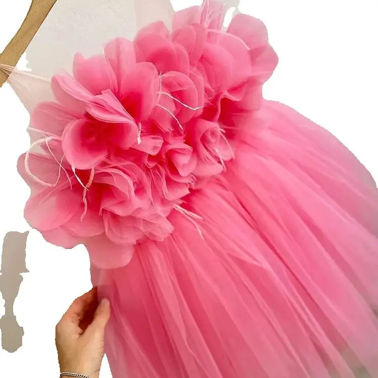 Girls Tulle Dress Kids Floral Ruffle Gown Princess Party Outfit Sleeveless Formal Wear Birthday Celebration Costume Elegant Pag