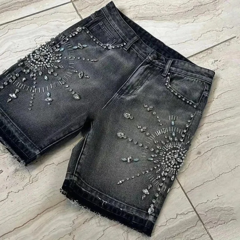 

Европейские и американские ретро джинсовые шорты с горячими бриллиантами, мужские летние новые стильные уникальные уличные трендовые джинсовые шорты в стиле хип-хоп