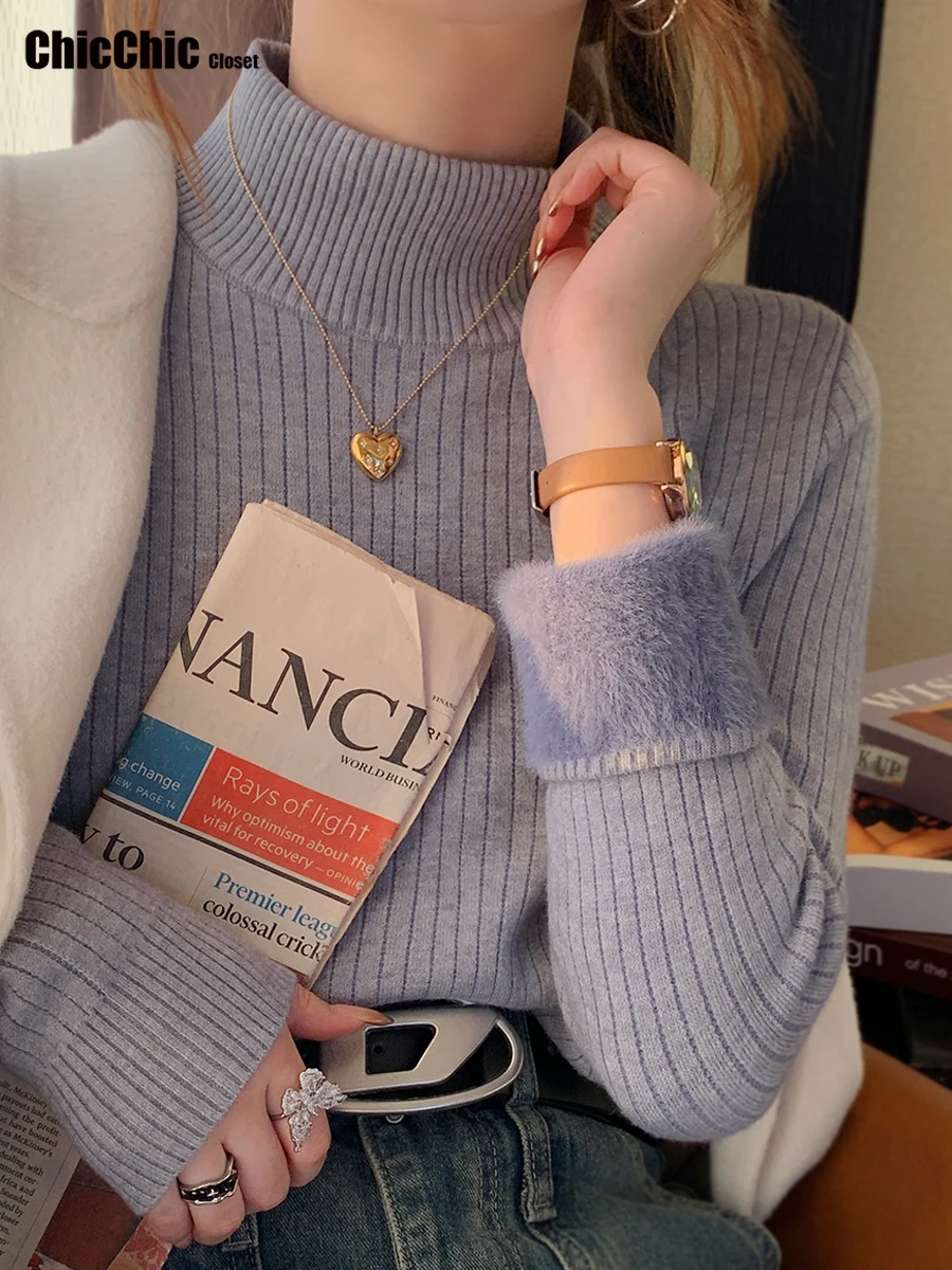 Nuevo suéter de invierno de cuello alto para mujer, Jersey elegante grueso con forro de terciopelo, Jersey de punto cálido, Tops ajustados, Jersey, Jersey de punto