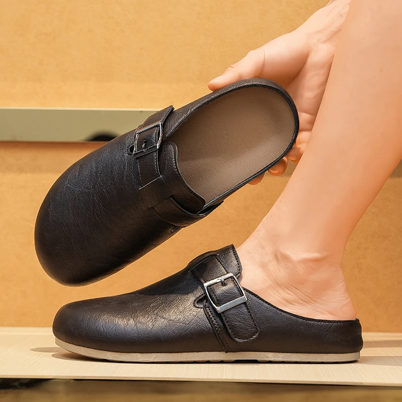 

Unisex Fashion Leather Sandals with Adjustable Buckle Backless Comfort Footbed Cork Closed Toe Slippers Slip-on Clogs Slides