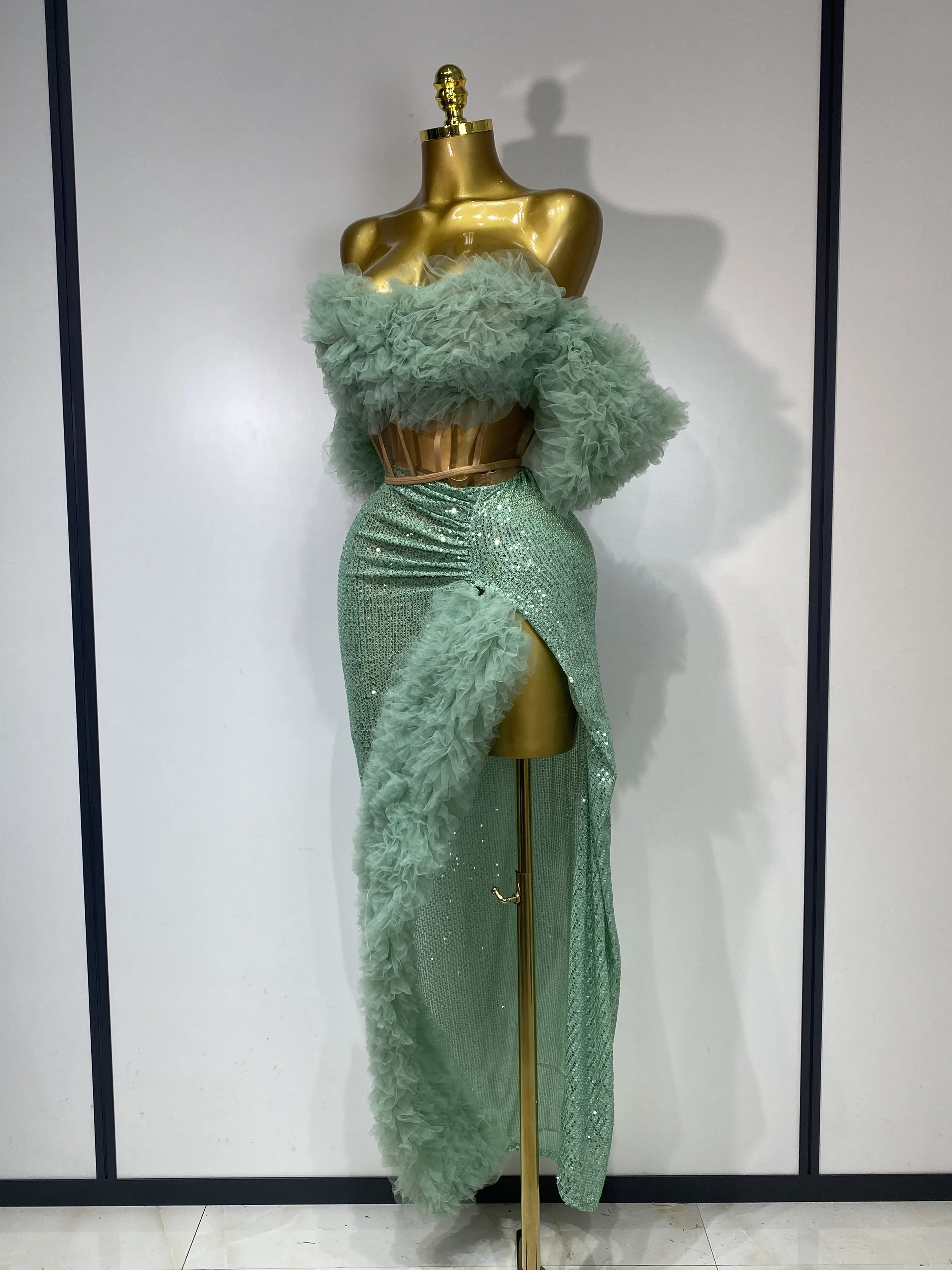 المرأة مثير سباركلي الترتر الأعلى تنورة طويلة قطعتين مجموعة مهرجان احتفال مساء حفلة فاخرة عيد ميلاد ملهى ليلي المرحلة الزي #2