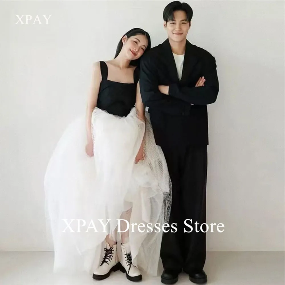 XPAY Modern Kontrast A Hattı Düğün Elbiseleri Kore Fotoğraf çekimi Siyah Ve Beyaz Tül Abiye giyim Korse Geri Özelleştirilmiş