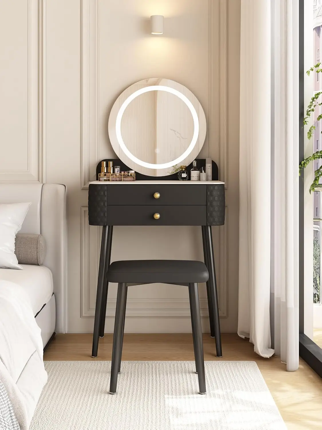 Round Lighted Mirror Makeup Vanity with 2 Drawers & Cushioned Stool, Small Dressing Table for Bedroom Dressing Room, Customized