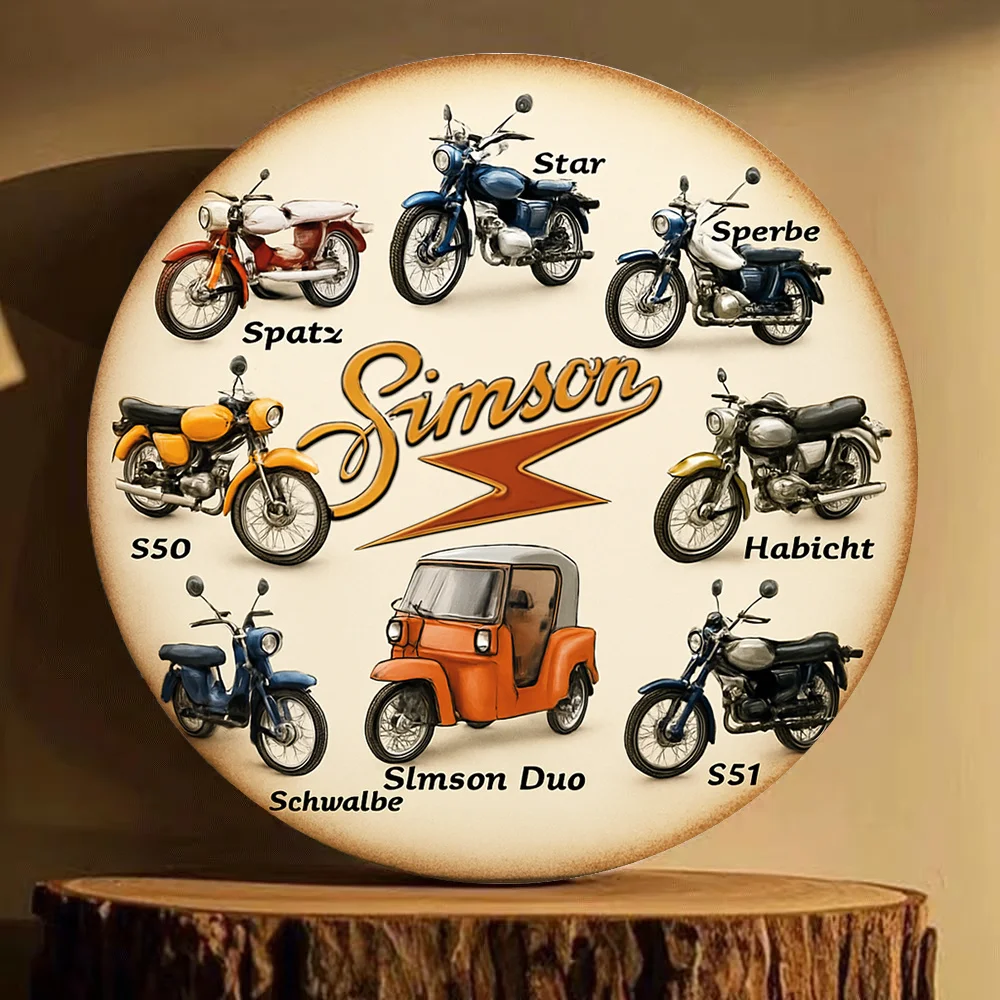 2D Flat Simson Star Sperber Habicht Schwalbe S50 S51 Spatz Simson Duo Pattern Metal Sign Round Decorative Painting, Size (7.87 I