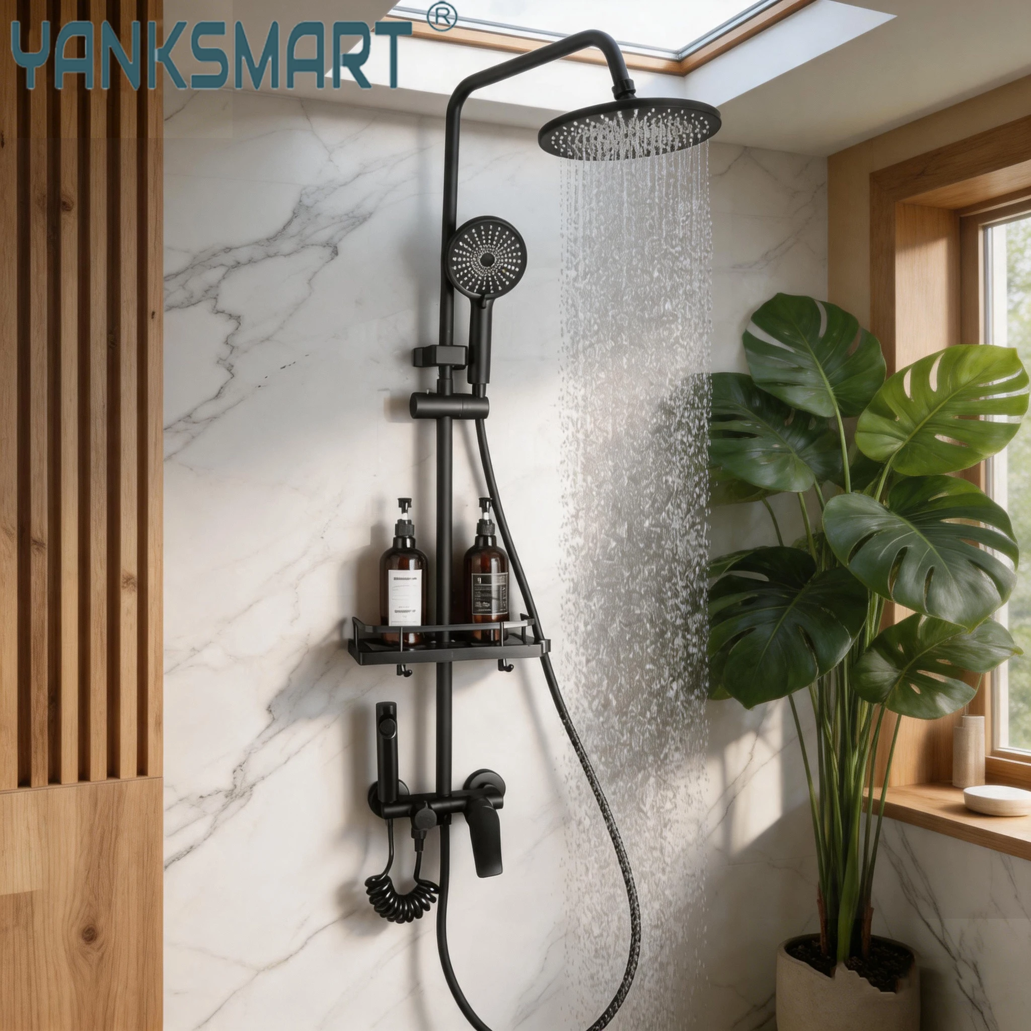 YANKSMART Black luxury outdoor Shower System Set with high quality Bathroom Shower Faucet Set 4-way Rainfall Shower Set column