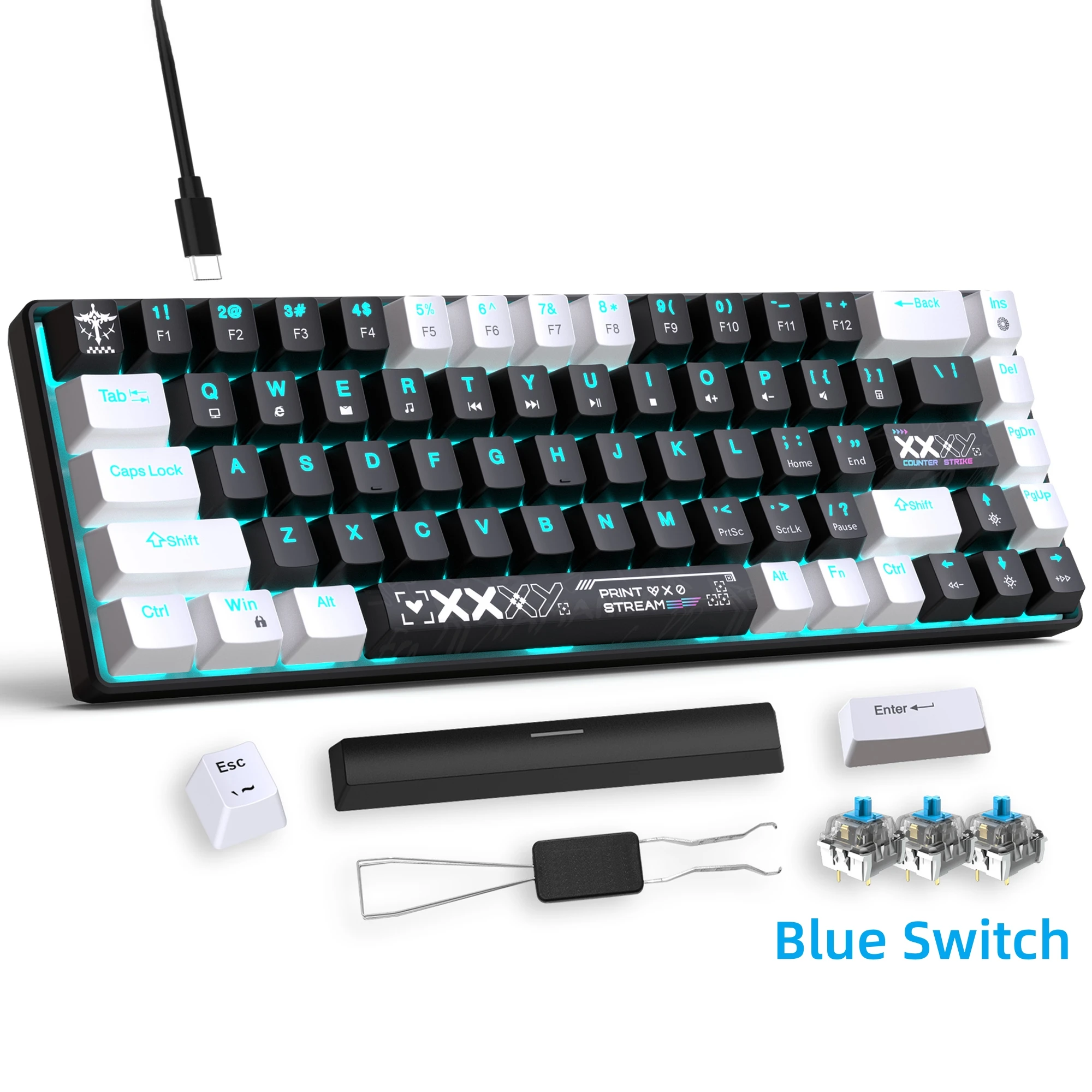 

68 Keys Mini Mechanical Gaming Keyboard Blue Switches Cost-Effective Dual Scene Type-C Blue Backlight Portable
