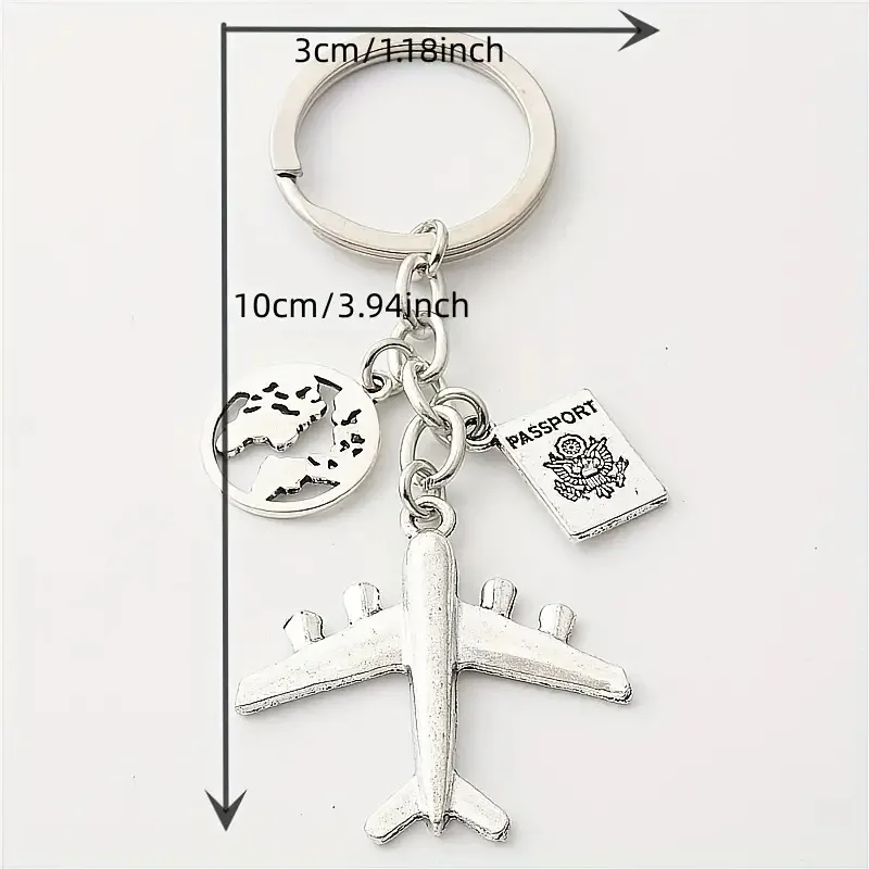 European American Style Airplane Globe Combo Keychain Stainless Steel Car Key Ring Trendy Accessory for Travel Lovers