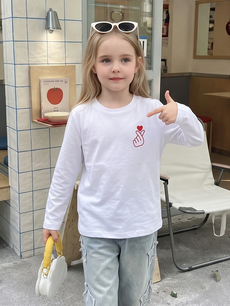 Girls Graphic Cotton Long Sleeve T-shirt Lovely Finger‑Heart Print Fashion Crew Neck Shirt Multi‑Colors Spring Autumn Daily Wear