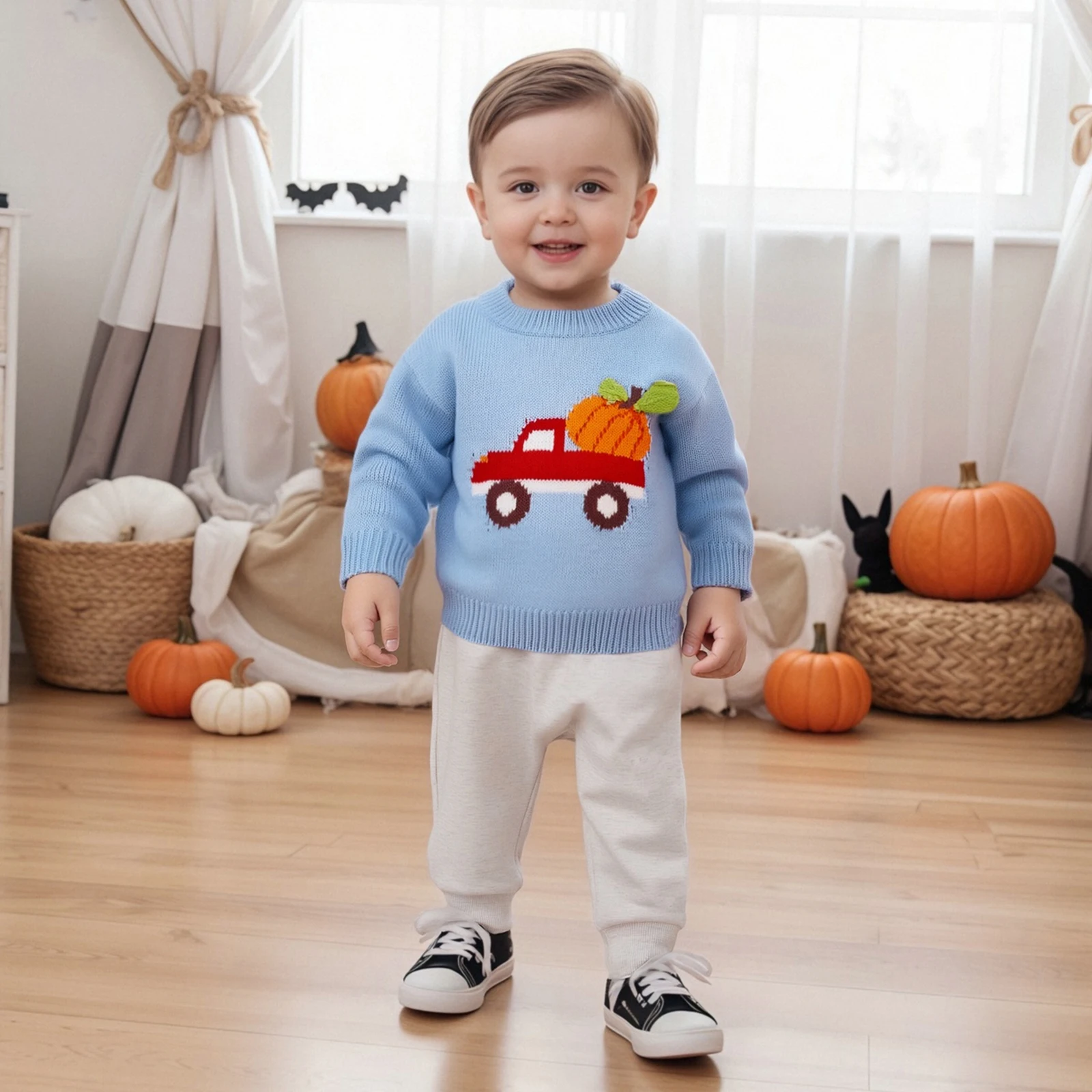 

Autumn Fall Tops Girls Halloween Knit Sweater Long Sleeve O Neck Car Pumpkin Embroidery Pullover Knitwear