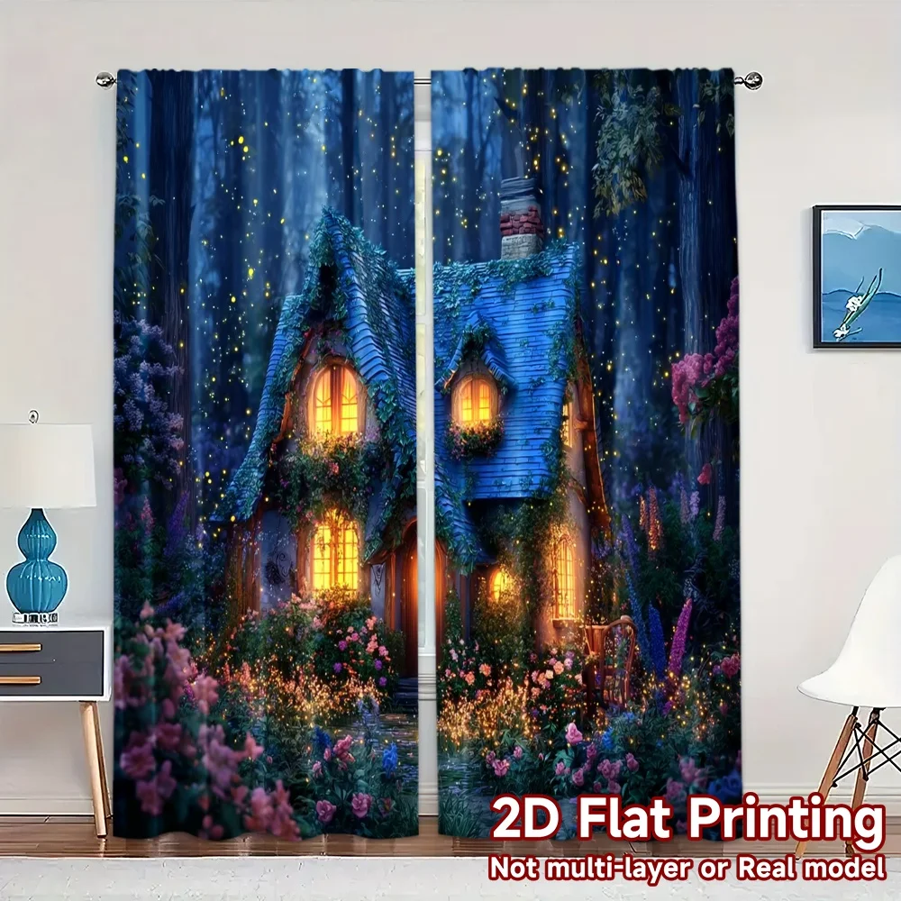 2pcs, 2D FLAT PRINTING Curtains (Without Rod) FairyCottageNight Popular Fashionable Curtains Durable 100% Polyester Fabric